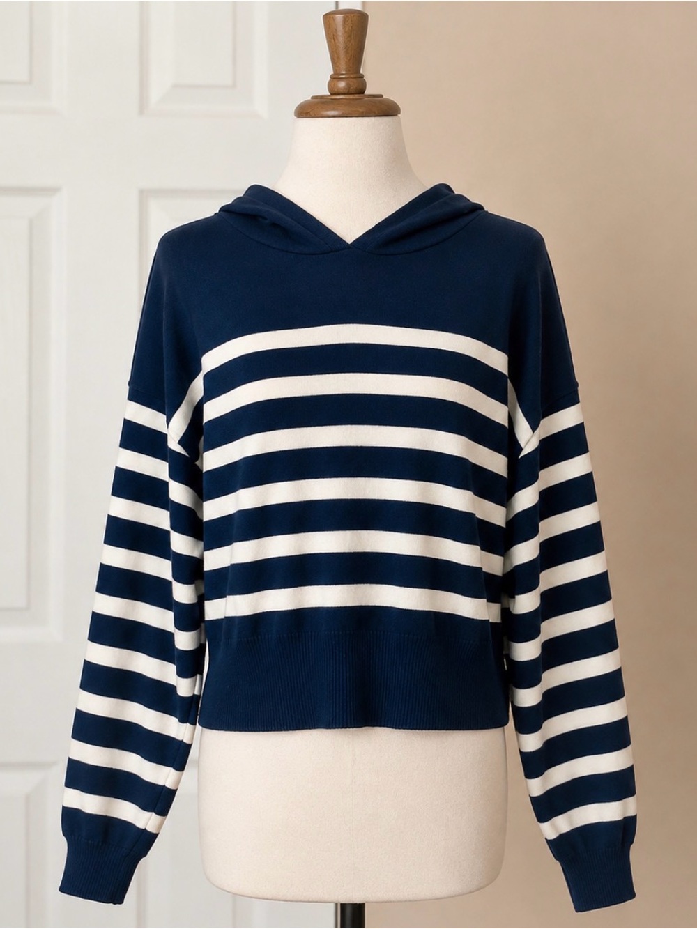 Striped Navy & White Hooded Knit Pullover